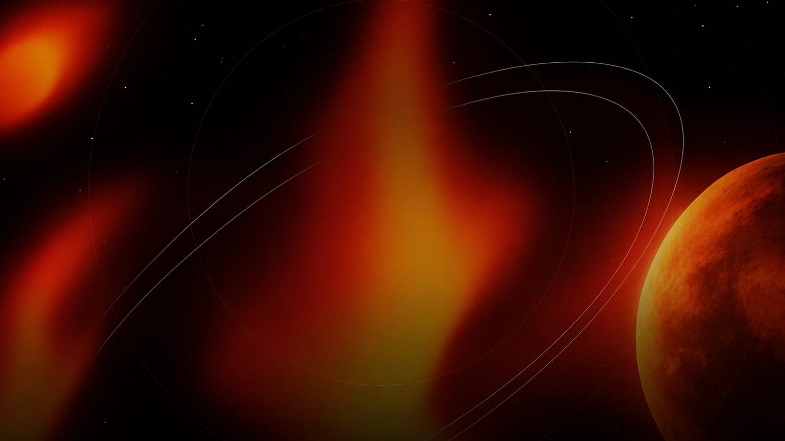 Dark space artwork with a red-orange nebula and a ringed planet