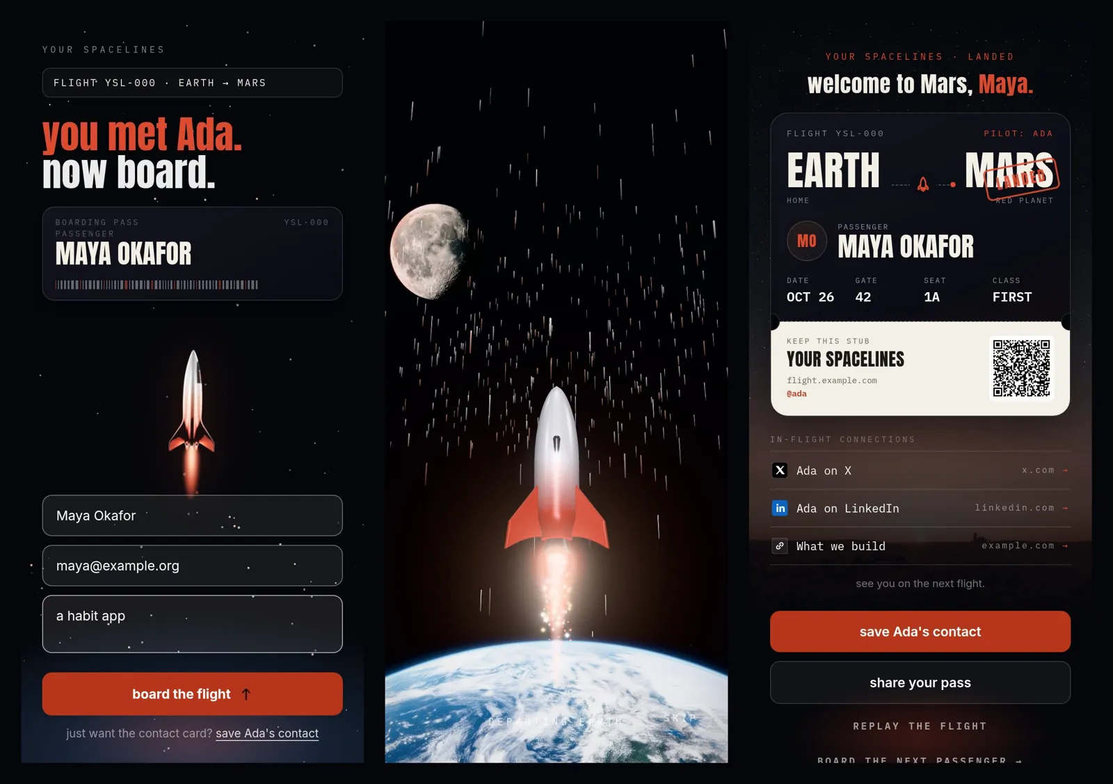 flight-pass: the boarding screen, the rocket flight to Mars and the finished boarding pass