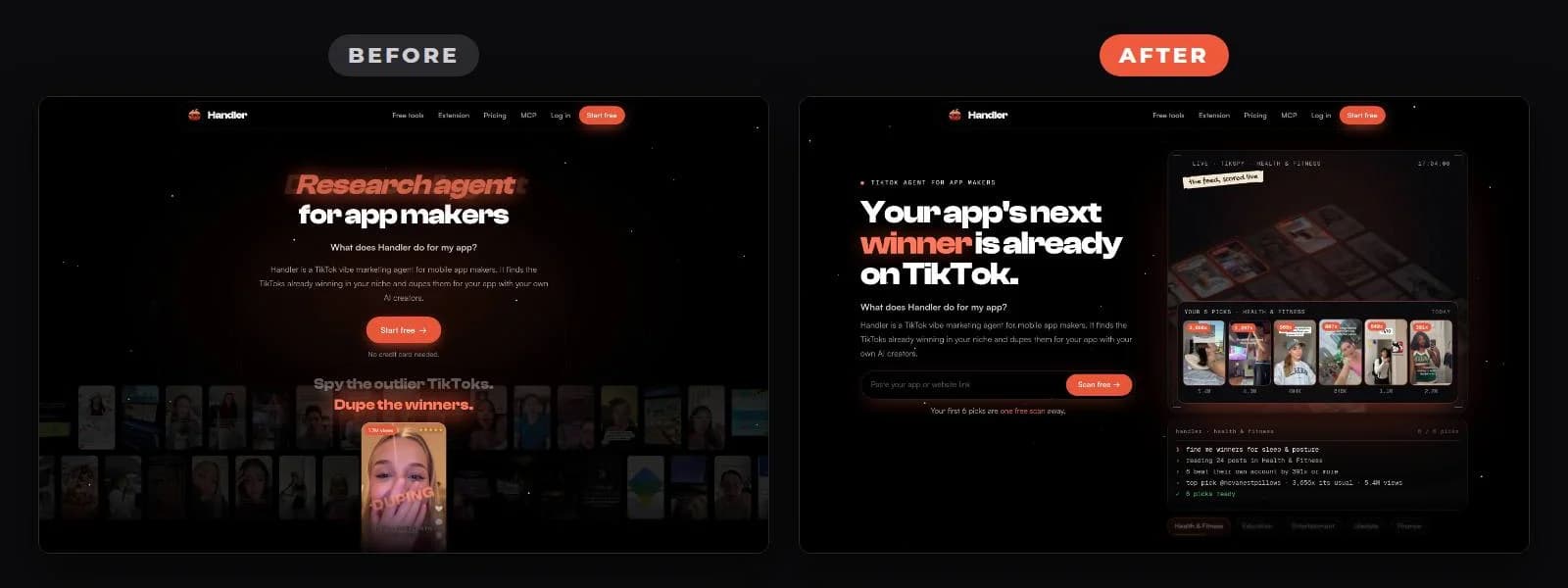 The gethandler.ai homepage before and after: a centered slogan with a Start free button, then a plain H1, a paste-your-link box with a Scan free button and a live feed of TikTok picks