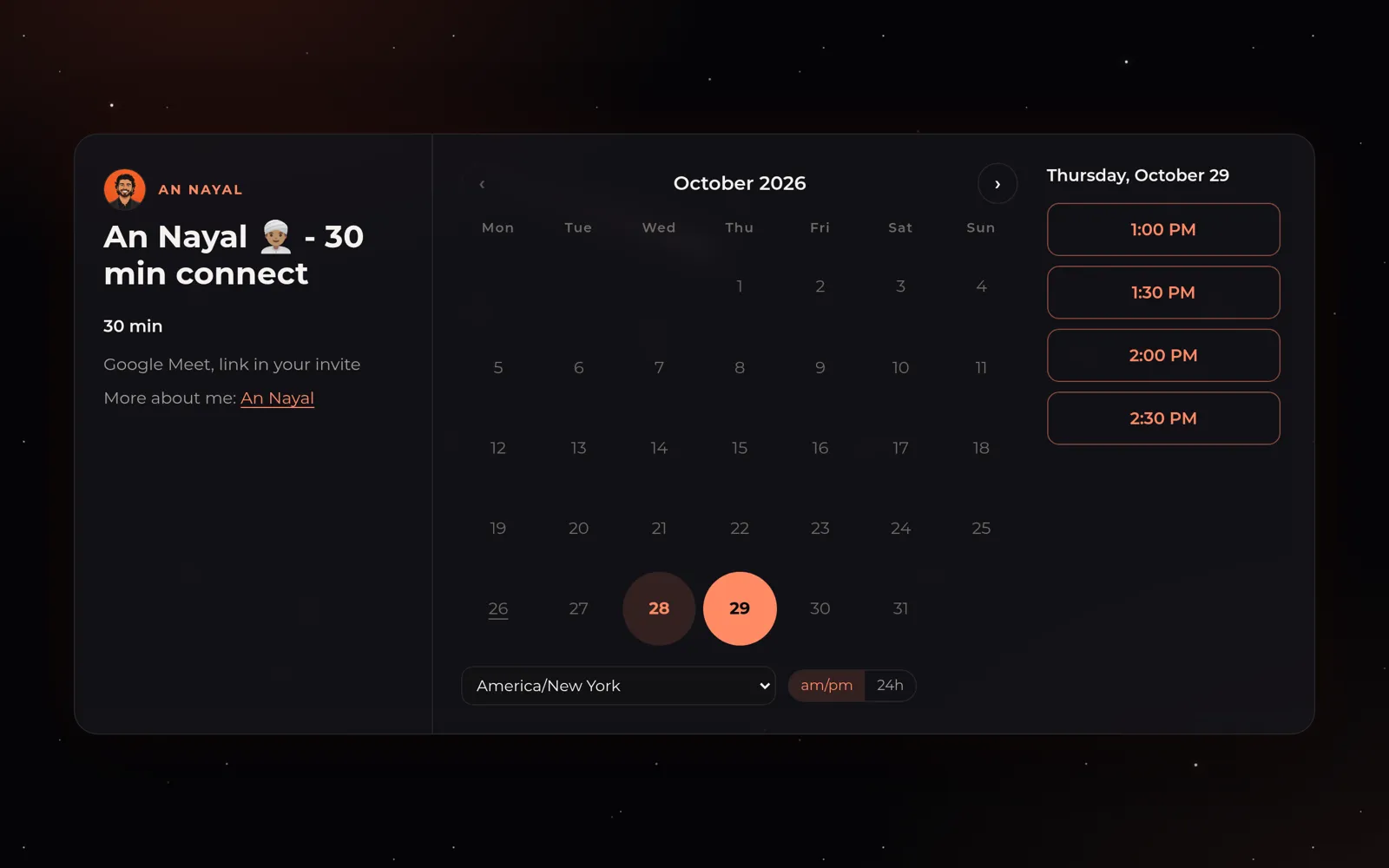 The open-cal booking page at cal.agniverse.co: a month grid with open days and times in the guest's time zone