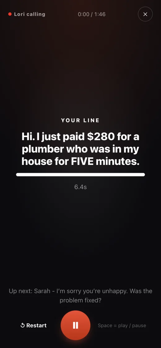 Cue mode during a gap: YOUR LINE in large text with a countdown bar and the next caller line underneath
