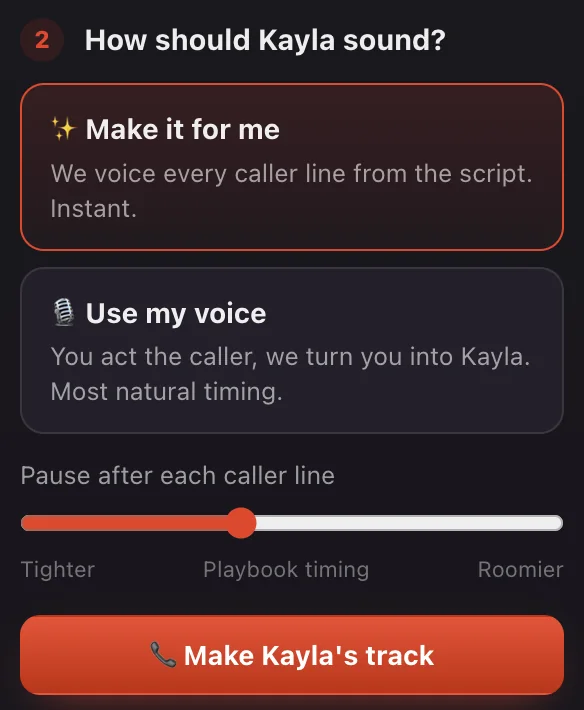 Make it for me selected, with the Pause after each caller line slider from Tighter to Roomier and a Make Kayla's track button