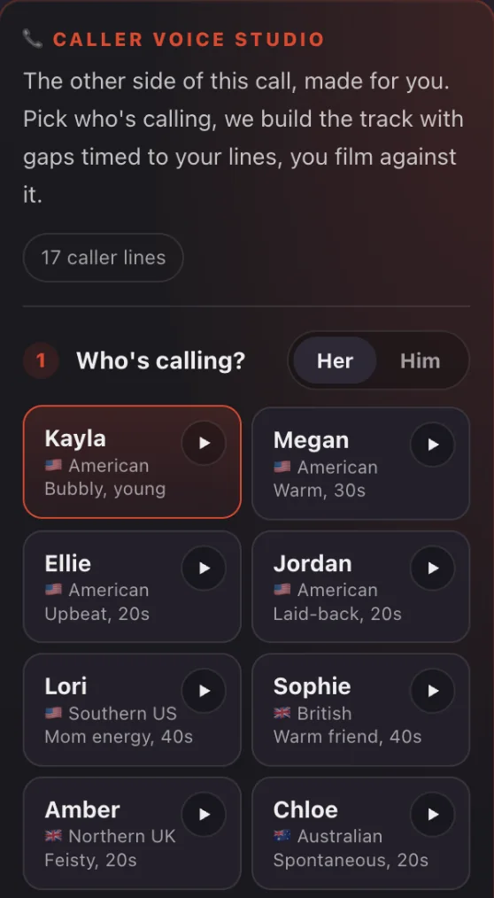 Step 1 of the studio, Who's calling: voice cards for Kayla, Megan, Ellie, Jordan, Lori, Sophie, Amber and Chloe with a Her and Him toggle