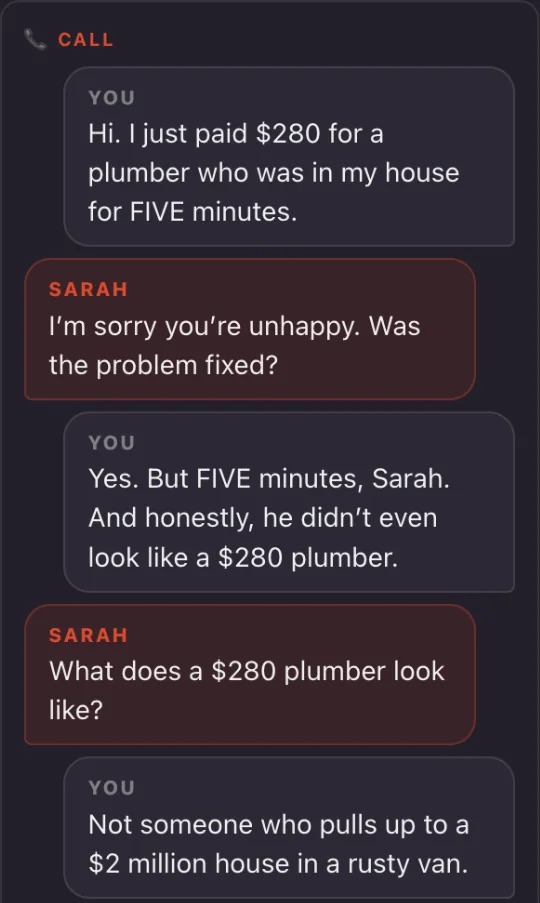 A phone-call script in the creator brief, shown as a chat: the caller's lines on the left, your lines on the right