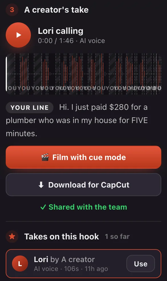 A finished caller track: Lori calling, a waveform with caller lines in coral and YOU gaps, Your line caption, Film with cue mode and Download for CapCut buttons, and Takes on this hook